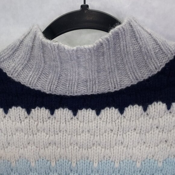 Alashan Sweater Womens XL Merino Wool Pullover Crochet Knit Blue White Mock Neck - Picture 4 of 14